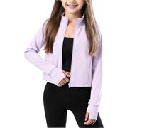 Girl's Gym Shirts Lightweight Sport Top with Thumb Hole, Kids Teens Moisture Wicking Running Jackets Long Sleeve Workout T-Shirts Breathable Activewear Yoga Purple 7-8Years
