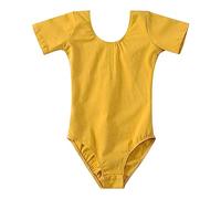 Girls Gymnastics Leotards Short Sleeve Crewneck Slim Fit Stretch Athletic Dance Bodysuit Outfit for Kids 3 to 10 Years (Yellow, 4-5 Years)