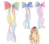 Girls Hair Bows, 3PC Colorful Ribbon Girls Bows for Hair, Big Hair Bows Clips Long Tail, Hair Barrettes Accessories Pearl Tassels Rainbow, Princess Hair Clips Decorative for Girl Women Gifts