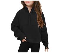 Girls Half Zip Sweatshirt with Thumb Hole Fleece Quarter Zip Long Sleeve Pullover Sweatshirts Fall Crop Tops Kids Lightweight Fashion Winter Clothes for 3-10 Years Black