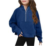 Girls' Half Ziper Jumpers with Thumb Hole Collar Kids Oversized Zip Up Sweatshirt Casual Long Sleeve Pullover Tops Solid Trendy Sweater School Preppy Clothes Navy Age 9 Years