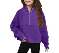 Girls' Half Ziper Jumpers with Thumb Hole Collar Kids Oversized Zip Up Sweatshirt Casual Long Sleeve Pullover Tops Solid Trendy Sweater School Preppy Clothes Purple Age 11 Years