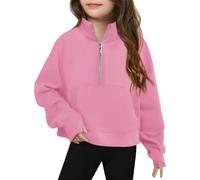 Girls Half Zipper High Neck Sweatshirts Fall Cropped Oversized Pullover Tops Kids Solid Long Sleeve Sweatshirts Clothes School Preppy Loose Lightweight Pullover Tops (Watermelon Red, 12-18 Months)