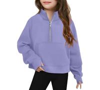 Girls Half Zipper High Neck Sweatshirts Fall Cropped Oversized Pullover Tops Kids Solid Long Sleeve Sweatshirts Clothes School Preppy Loose Lightweight Pullover Tops with Pockets (Purple, 6-7 Years)