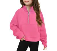 Girls Half Zipper High Neck Sweatshirts Fall Cropped Oversized Pullover Tops Kids Solid Long Sleeve Sweatshirts Clothes School Preppy Loose Lightweight Pullover Tops with Pockets (Hot Pink, 7-8 Years)