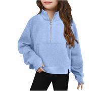 Girls Half Zipper Thumb Hole Sweatshirts Long Sleeve Warm Lightweight Kangaroo Pocket Pullover Spring Autumn Crop Tops Single Sided Fleece Sweater for 5-14 Years