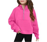 Girls Half Zipper Thumb Hole Sweatshirts Long Sleeve Warm Lightweight Kangaroo Pocket Pullover Spring Autumn Crop Tops Single Sided Fleece Sweater for 5-14 Years