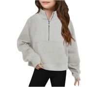 Girls Half Zipper Thumb Hole Sweatshirts Long Sleeve Warm Lightweight Kangaroo Pocket Pullover Spring Autumn Crop Tops Single Sided Fleece Sweater for 5-14 Years