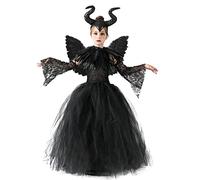 Girls Halloween Costume Maleficent Devil Queen Evil Witch Cosplay Fancy Dress up Princess Tulle Long Dress Horn Headband Feather Wing Cloak Cape Lace Arm Sleeve Outfit Carnival Book Week Black 8-10Y