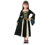 Girls Halloween Costume Medieval Gothic Irish Gown Flare Sleeve Lace Up Corset Maxi Dress Retro Court Princess Velvet Fancy Dress Up for World Book Day Performance Cosplay Costume (Green, 5-6 Years)