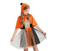 Girls Halloween Costume Outfits Kids Pumpkin Witch Costume Dress with Hooded Shawl Cape Tulle Tutu Dresses Cosplay Role Play Dress Up Party Costume (Black, 5-6 Years)