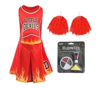 Girls Halloween Devil Cheerleader - Large 10-12 Years - Red Cheerleader Dress with Red Pom Poms, Fake Blood and Facepaint
