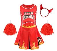 Girls Halloween Devil Cheerleader Set- Large - Includes a Red and Black Cheerleader Dress with Flame Design, Red Pom Poms and Red Devil Horns