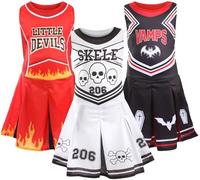 Girls Halloween Devil Cheerleader - Small - Red and Black Pleated Cheerleader Dress with Little Devils & Flames Design - Kids Trick Or Treat Halloween Fancy Dress Costume