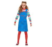 Smiffys Chucky Costume in Blue for Kids, Dress and Top, Officially Licensed, Blue Dungaree Dress and Striped Top with Colour Block Cuffs, Ideal for Halloween and Matching Costumes