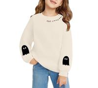 Girls Halloween Ghost Sweatshirts Cute Long Sleeve Crew Neck Jumper Sweater Clothes Teen Kids Soft Comfy Trendy Pullover Tops Sweatshirts (Beige, 10-11 Years)