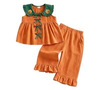 Girls Halloween Outfit Set Pumpkin Embroidered Peter Pan Collar Sleeveless Top with Ruffle Pants 2 Piece Festive Clothes for Theme Party Daily Wear Orange