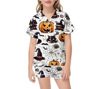 Girls Halloween Pajama Set Satin Sleepwear Cute Printed Two Piece Costume Soft Comfy Loungewear for Toddler Kids Party Outfit (White-a, 4-5 Years)