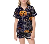 Girls Halloween Pajama Set Satin Sleepwear Cute Printed Two Piece Costume Soft Comfy Loungewear for Toddler Kids Party Outfit (Dark Blue-a, 8-9 Years)