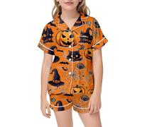 Girls Halloween Pajama Set Satin Sleepwear Cute Printed Two Piece Costume Soft Comfy Loungewear for Toddler Kids Party Outfit (Orange-a, 12-13 Years)