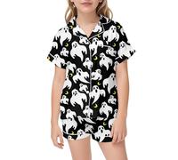 Girls Halloween Pajama Set Silk Like Print Sleepwear Outfit Toddler Kids Comfortable Party Costume Soft Cozy Nightwear (Black-e, 12-13 Years)