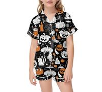 Girls Halloween Pajama Set Soft Silk Like Sleepwear Outfit for Toddlers Kids Comfortable Party Costume Cute Printed Nightwear (Black-h, 8-9 Years)