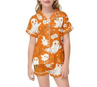 Girls Halloween Pajama Set Soft Silk Like Sleepwear Toddler Kids Comfortable Party Costume Printed 2 Piece Outfit (Orange-b, 10-11 Years)