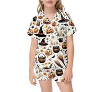 Girls Halloween Pajama Set Soft Silk Like Sleepwear Toddler Kids Comfortable Party Costume Printed Outfit for Girls 2-13Y (White-k, 6-7 Years)