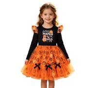 Girls Halloween Pumpkin Tutu Dress e93 | Orange & Purple, Ruffle Mesh Tulle,Party Outfit,Bubble Long Sleeve