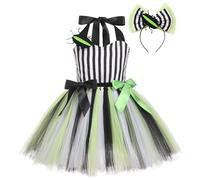 Girls Halloween Scary Ghost Costume Beetle Black and White Stripes Ruffle Tulle Tutu Dress with Headband Kid Fancy Horror Movie Cosplay Dress Up Outfit White 11-12 Years