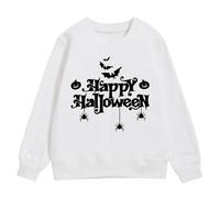 Girls Halloween Sweatshirt Letter Bat Pumpkin Pattern Pullover Long Sleeve Crewneck Warm Cosy Jumper Top for Autumn School Spooky Casual Style(White, 4-5 Years)