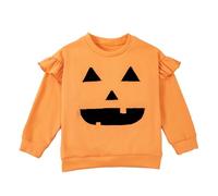 Girls Halloween Sweatshirt Pumpkin Cartoon Patch Print Pullover Long Sleeve Crewneck Soft Cosy Jumper Top for Toddler School Spooky Party Dress Up Fun(Orange, 4-5 Years)
