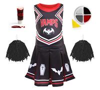 Girls Halloween Vampire Cheerleader Costume - X-Large - Black Cheerleader Dress with Red Pom Poms, Facepaint and Fake Blood - Kids Trick or Treat Halloween Fancy Dress Costume