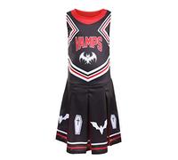 Girls Halloween Vampire Cheerleader - Medium - Black and Red Cheerleader Dress with Coffin and Bat Designs - Kids Halloween Fancy Dress Costume