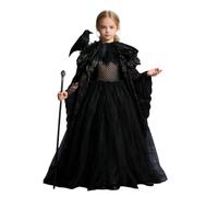 Girls Halloween Witch Costume Black Feather Tulle Dress for Kids | Dark witch gown with feather collar lace sleeve and magic wand, halloween party cosplay outfit for girl