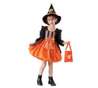 Girls Halloween Witch Dress with Hat and Ghost Bag | black and orange colour block, pointed witch hat, lace-up bodice detail, tulle skirt, matching ghost tote bag