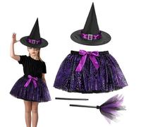 Girls Halloween Witch Tutu Skirt Set - Glitter Mesh Layers, Spider Web Pattern | 3-Piece Costume Dress, Hat and Wand Accessories, Themed Outfit for Kids Party Trick Treat Event Holiday Wear