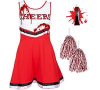 Girls Halloween Zombie Cheerleader Dead Fancy Dress Costume Kids School Girl Spooky Child Zombies with Tube of Fake Blood - Costumes Halloween Parties (10-12 Years, Red)