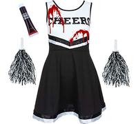 Girls Halloween Zombie Cheerleader Dead Fancy Dress Costume Kids School Girl Spooky Child Zombies with Tube of Fake Blood - Costumes Halloween Parties (7-9 Years, Black)