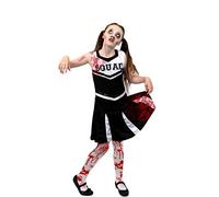 Girls Halloween Zombie Cheerleader Fancy Dress & Accessories - Kids Black Cheer Outfit Including: Dress, Bloodstained Tights, Fake Blood & Face Paint (Medium - 7/9 Years)