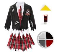 Girls Halloween Zombie Schoolgirl Costume - Black and Tartan School Uniform with Tattered Edges, Fake Blood and Facepaint - Kids Halloween Trick or Treat Fancy Dress Costume