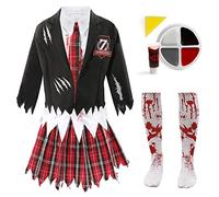 Girls Halloween Zombie Schoolgirl Costume - Black and Tartan School Uniform with Tattered Edges, Tights, Fake Blood and Facepaint - Kids Halloween Trick or Treat Fancy Dress Costume