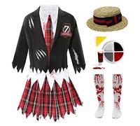 Girls Halloween Zombie Schoolgirl Costume - Large - Black and Tartan Tattered School Uniform, Boater Hat, Tights, Fake Blood and Facepaint - Kids Halloween Trick or Treat Fancy Dress Costume