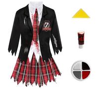 Girls Halloween Zombie Schoolgirl Costume - Medium - Black and Tartan School Uniform with Tattered Edges, Fake Blood and Facepaint - Kids Halloween Trick or Treat Fancy Dress Costume