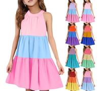 Girls Halter Dress Rainbow Sleeveless Color Block Dresses Kids Summer Swing Skater Skirts Smocked Loose Cool Casual Beach Dress Fashion (Hot Pink, 9-10 Years)