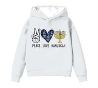 Girls Hanukkah Menorah Print Hooded Sweatshirt Soft Pullover Long Sleeve Casual Athletic Jumper Top for Festival School Days Cosy Play Wear (White, 5-6 Years)
