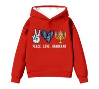 Girls Hanukkah Menorah Print Hooded Sweatshirt Soft Pullover Long Sleeve Casual Athletic Jumper Top for Festival School Days Cosy Play Wear (Red, 7-8 Years)