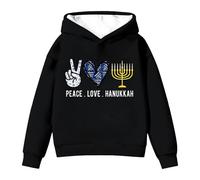 Girls Hanukkah Menorah Print Hooded Sweatshirt Soft Pullover Long Sleeve Casual Athletic Jumper Top for Festival School Days Cosy Play Wear (Black, 9-10 Years)