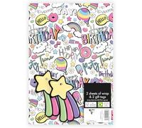 Girls Happy Birthday Print Gift Wrap Paper, 2 Sheets & 2 Gift Tags, 50cm x 70cm - Bundled by GetInStyle Shop