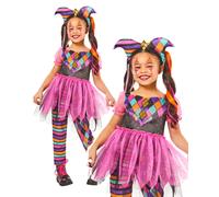 Girls Harlequin Girl Halloween Circus Jester Fancy Dress Costume Kids